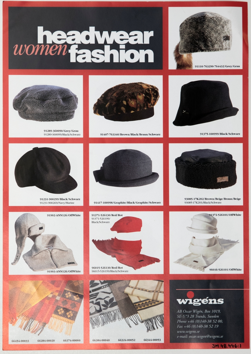 Katalogblad, pappersark med färgtryck för hatt- och mössmodeller till dam.