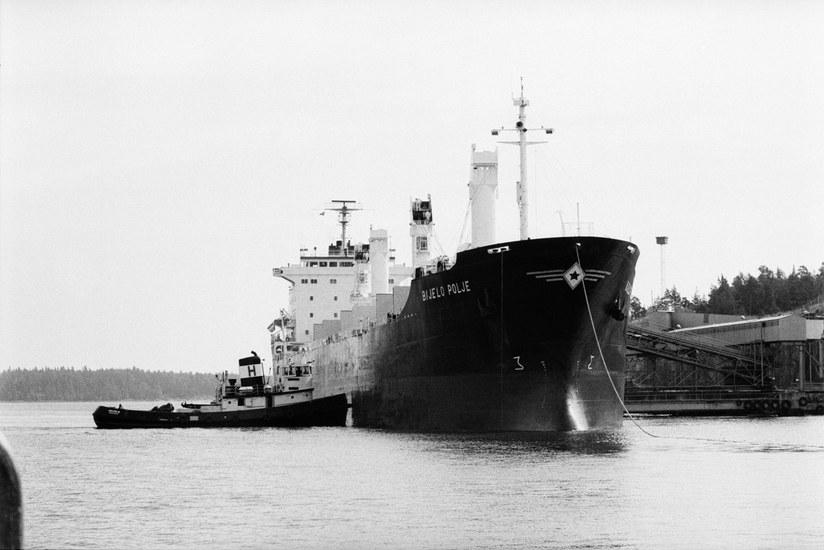 Bogserbåten Hallsta II trycker malmfartyget Bijelo Polje mot kajen, Hargshamn, Harg, Uppland augusti 1991
