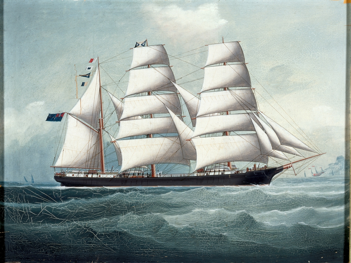 Föreställer barkskeppet Orient som varit tillhörigt P. C. Rettigs rederi.