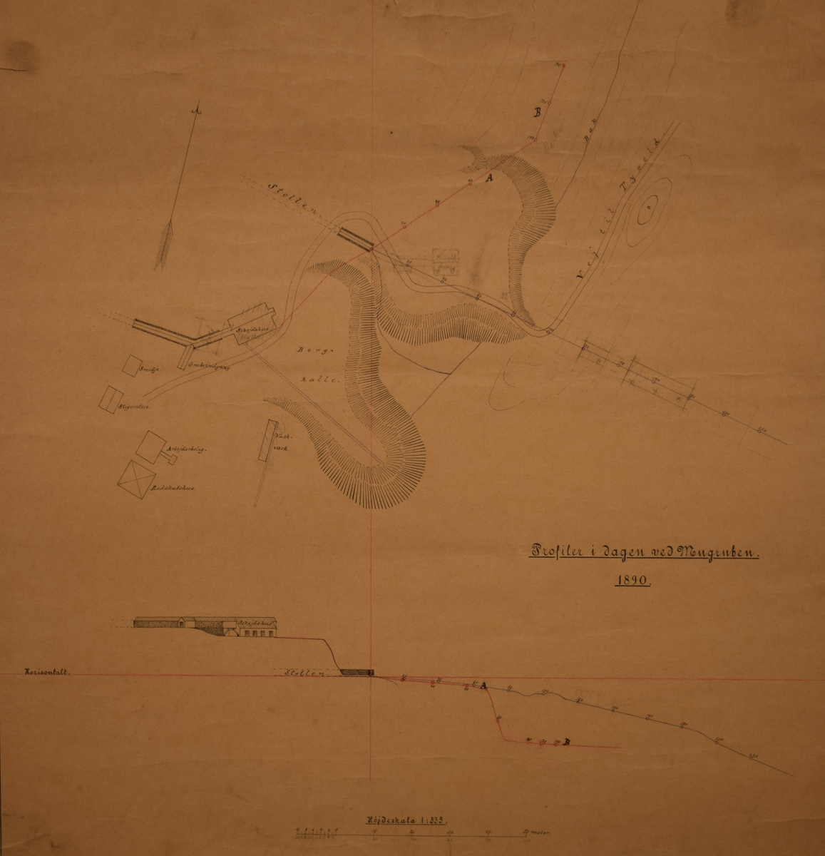 Repro av dagkart over Muggruva datert 1890.

Kartet finnes i Røros Kobberverks arkiv.
