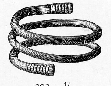 Spiralformet gullring ganske som type Rygh 303, fra yngre romersk jernalder. Funnet i en kvinnegrav på Vestby under Evang i 1885.