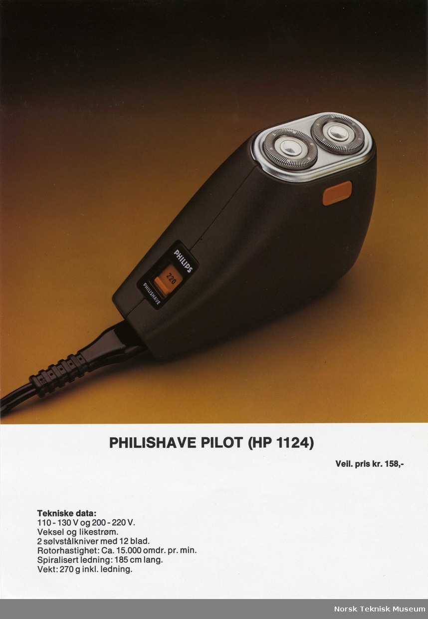 Reklame for barbermaskin, Philishave Pilot, Philips, 1972
