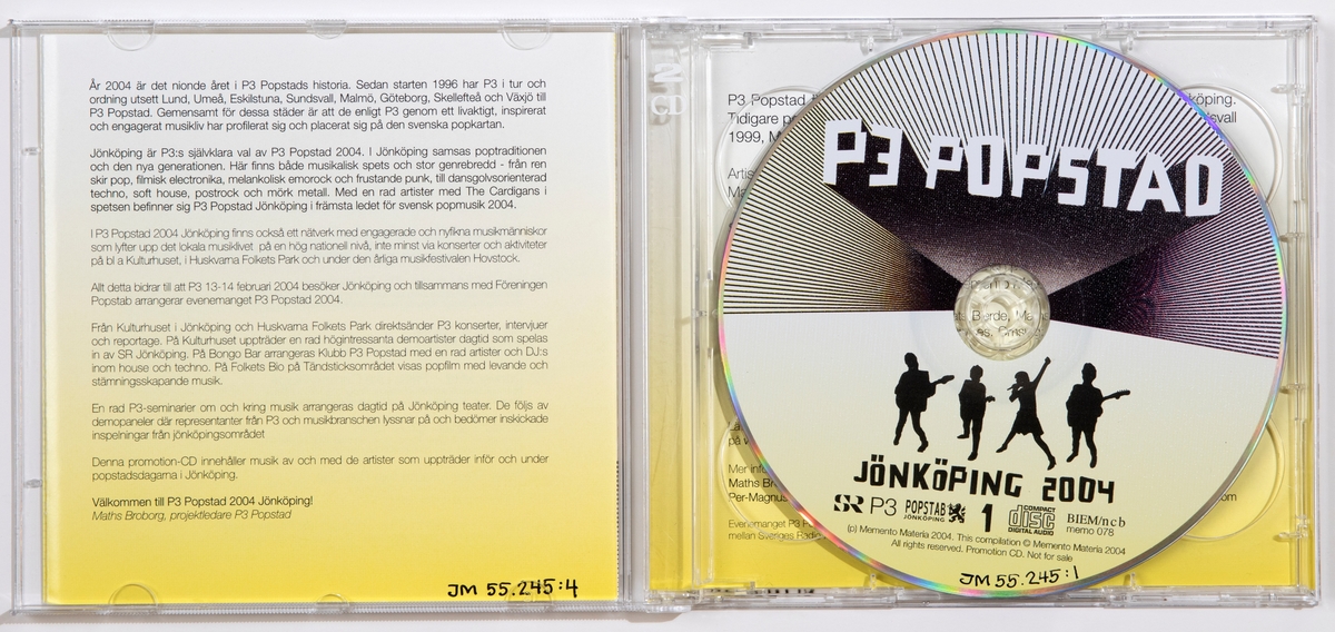 CD-skiva, dubbel, i hårt plastfodral med booklet (häfte) i framsidan och inlaga i baksidan.

JM 55245:1, Skiva 1
JM 55245:2, Skiva 2
JM 55245:3, Fodral
JM 55245:4, Booklet