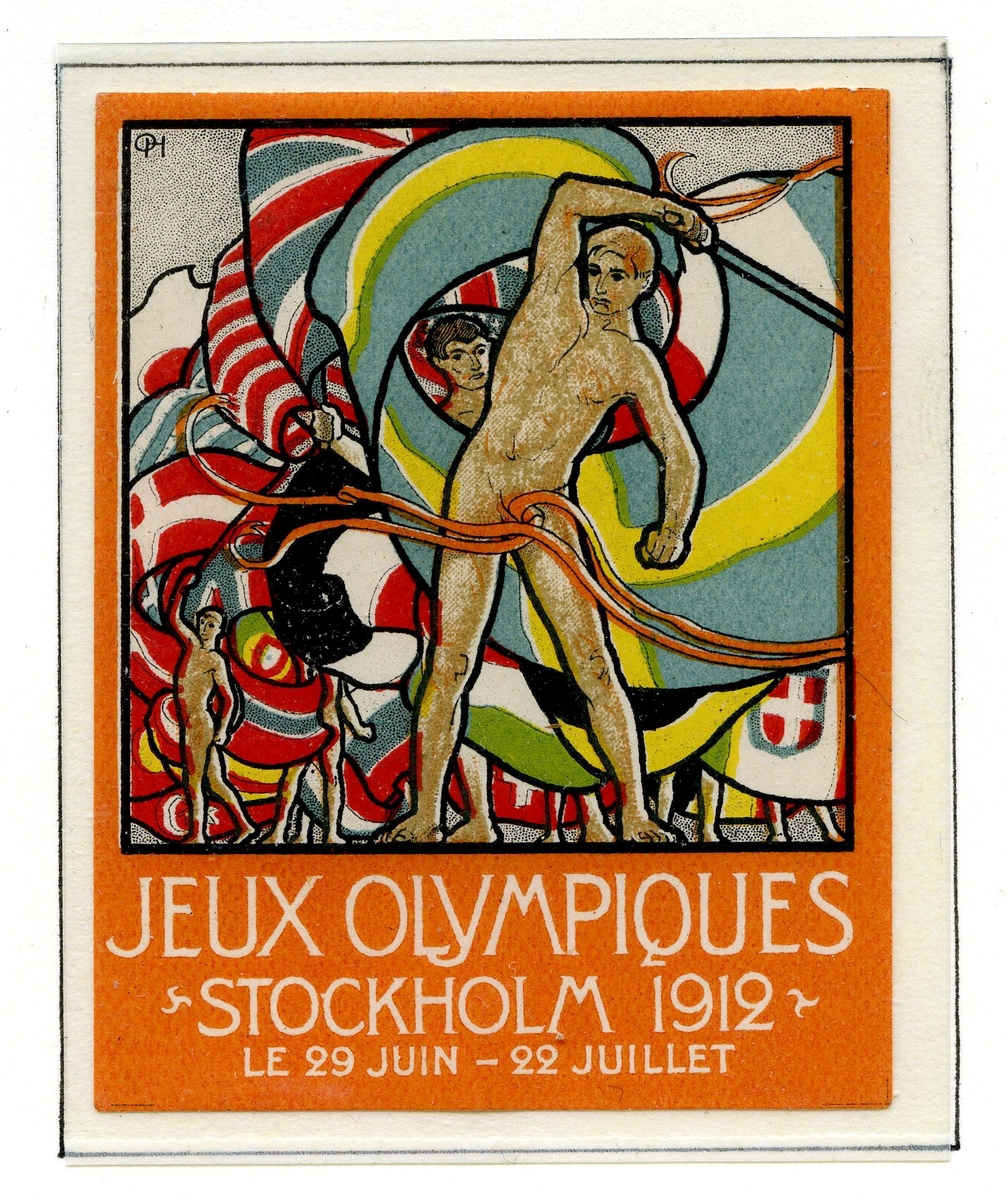 Fire frimerker med bilde av den offisielle plakaten for sommerlekene i Stockeholm 1912. Frimerkene viser en atlet med vaiende svensk flagg, og flere flagg og atleter i bakgrunnen. Frimerkene har tekst på ulike språk, og med ulike bokstaver.