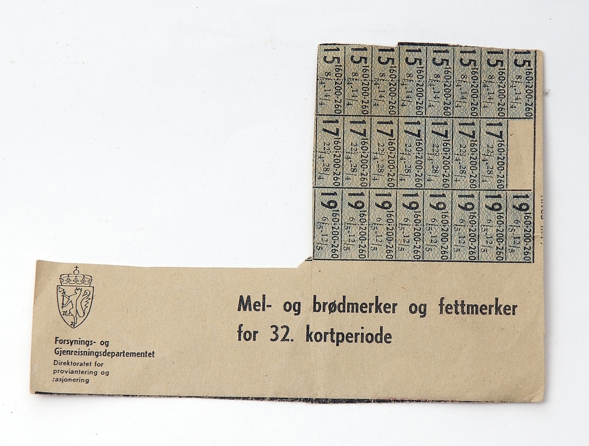 Rasjoneringskort for "Mel- og brødmerker og fettmerker for 32. kortperiode" fra andre verdenskrig