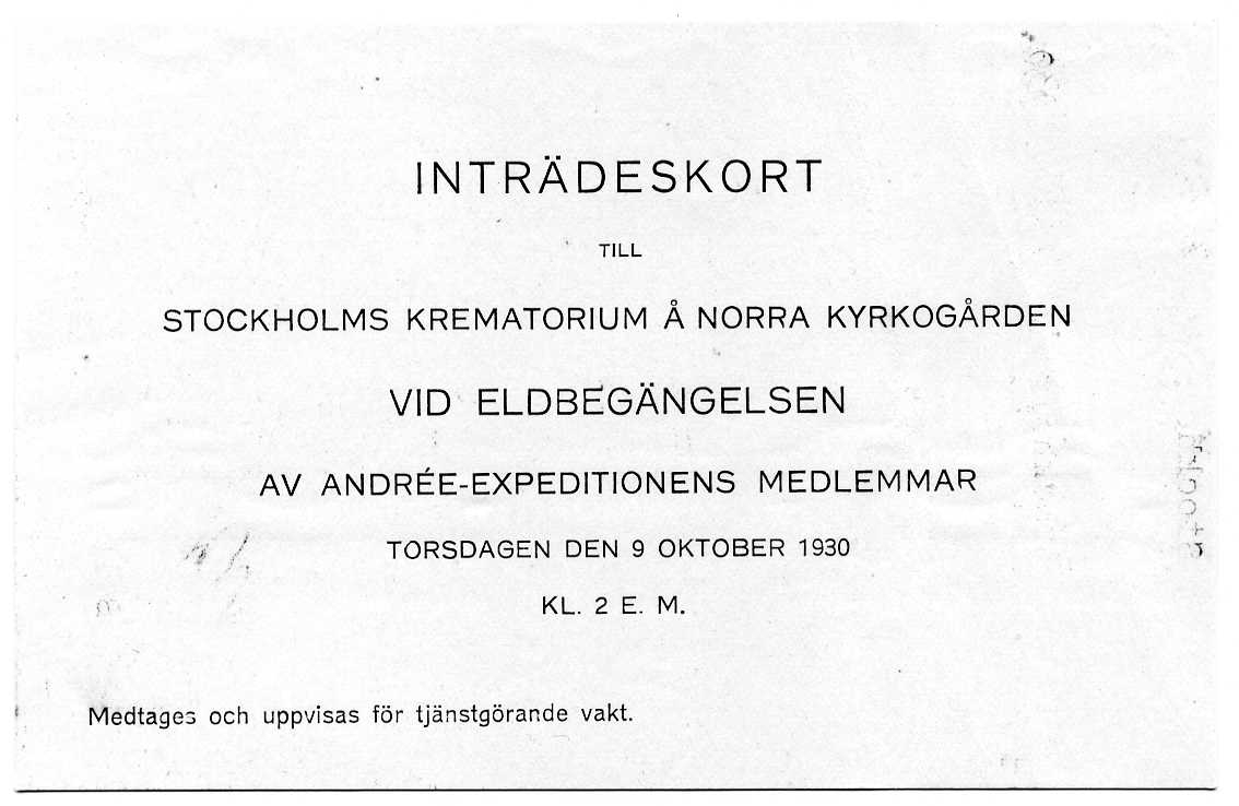 Rektangulärt inträdeskort till Stockholms krematorium vid Norra kyrkogården i samband med eldbegängelseakten av Andrée-expeditionens medlemmar.