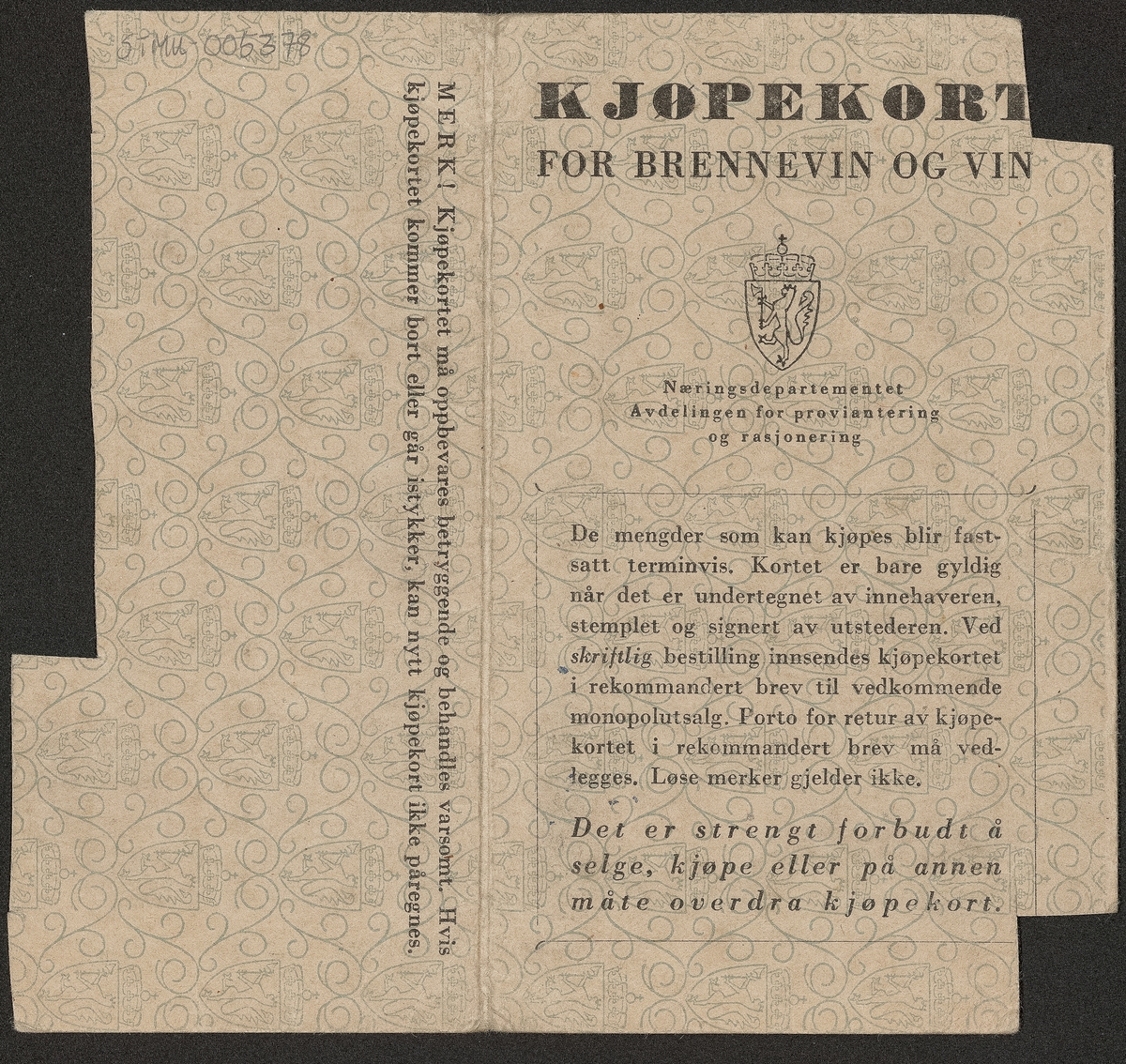 Rasjoneringskort/kjøpekort for brennevin og vin fra 1944