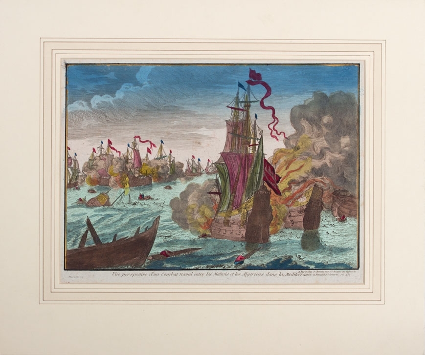Sjøslag mellom malteriske og algeriske skip i Middelhavet ca. 1750. Kobberstikket viser større og mindre skip i kamp. Et av skipene står i full brann og mannskapet ligger i sjøen og klynger seg til vrakrester.