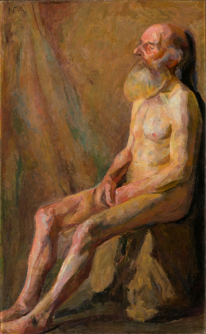 Sittende naken mann med helskjegg. Sitter på en stein vendt mot venstre.