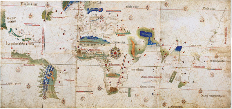 Alberto Cantinos verdenskart fra 1502, som viser nye geografiske oppdagelser som følge av de store spanske og portugisiske sjøreisene på denne tiden (Wikimedia commons ).