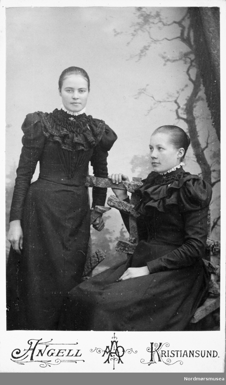 Foto av to unge kvinner. Muligens fra Kristiansund eller Nordmøre. Fra et fotoalbum som stammer etter Marie Opdal (f. april 1894 - d. februar 1981/82), og gitt i gave av Torbjørg og Arild Karijord. Fra Nordmøre museums fotosamlinger.
