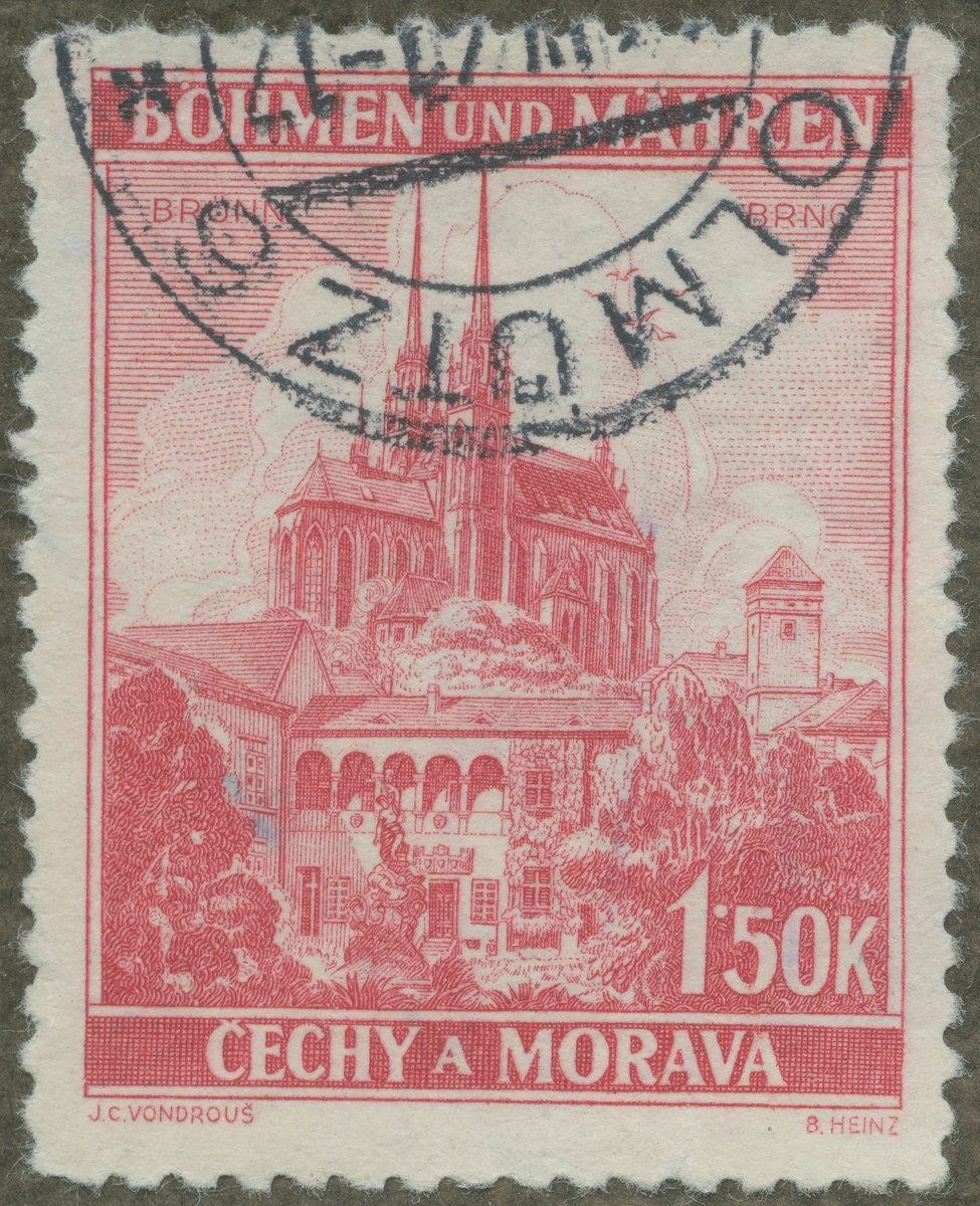Frimärke ur Gösta Bodmans filatelistiska motivsamling, påbörjad 1950.
Frimärke från Böhmen och Mähren, 1939. Motiv av Katedralen i Brno.