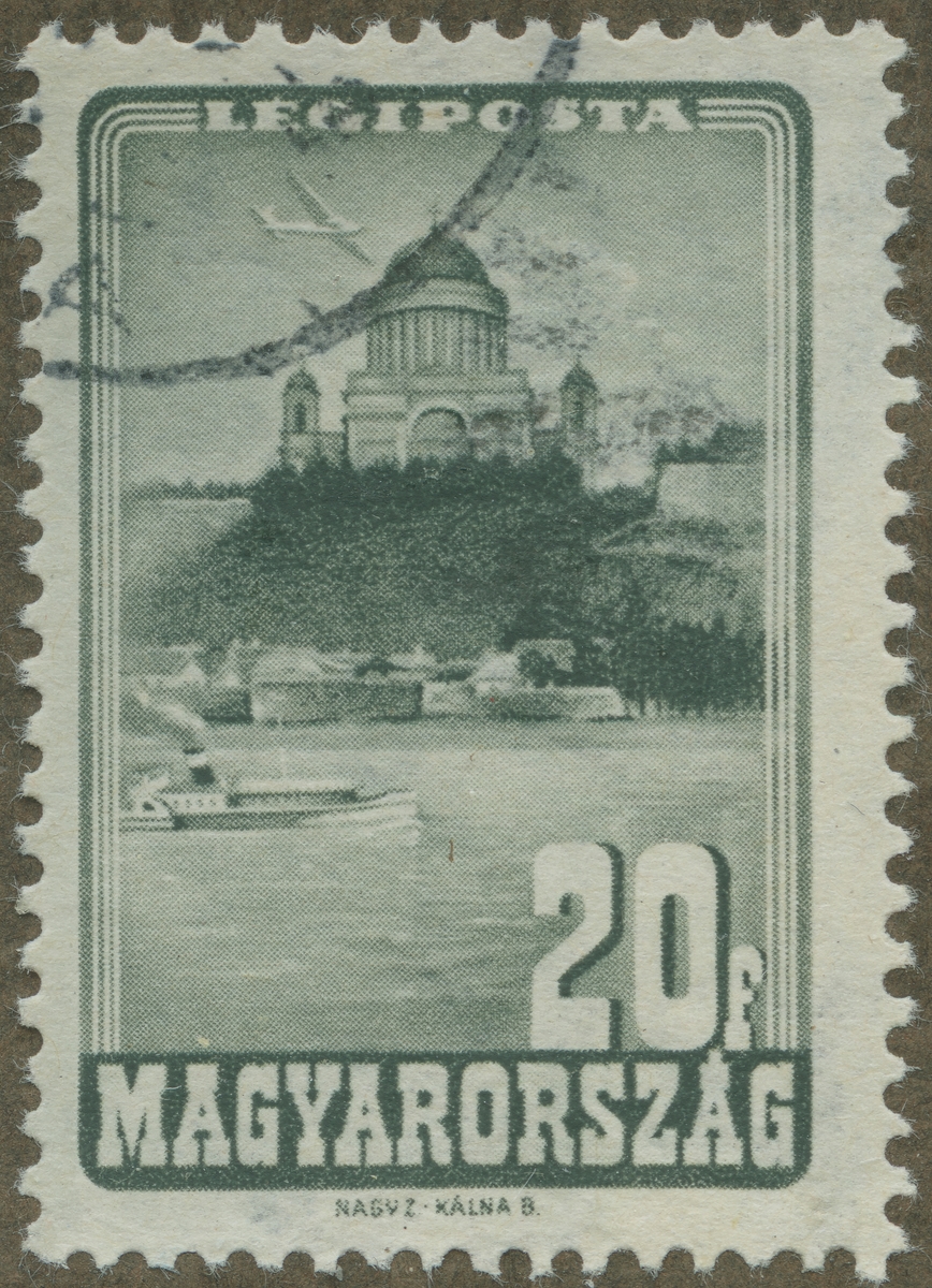 Frimärke ur Gösta Bodmans filatelistiska motivsamling, påbörjad 1950.
Frimärke från Ungern, 1947. Motiv av katedral i Esztergom.