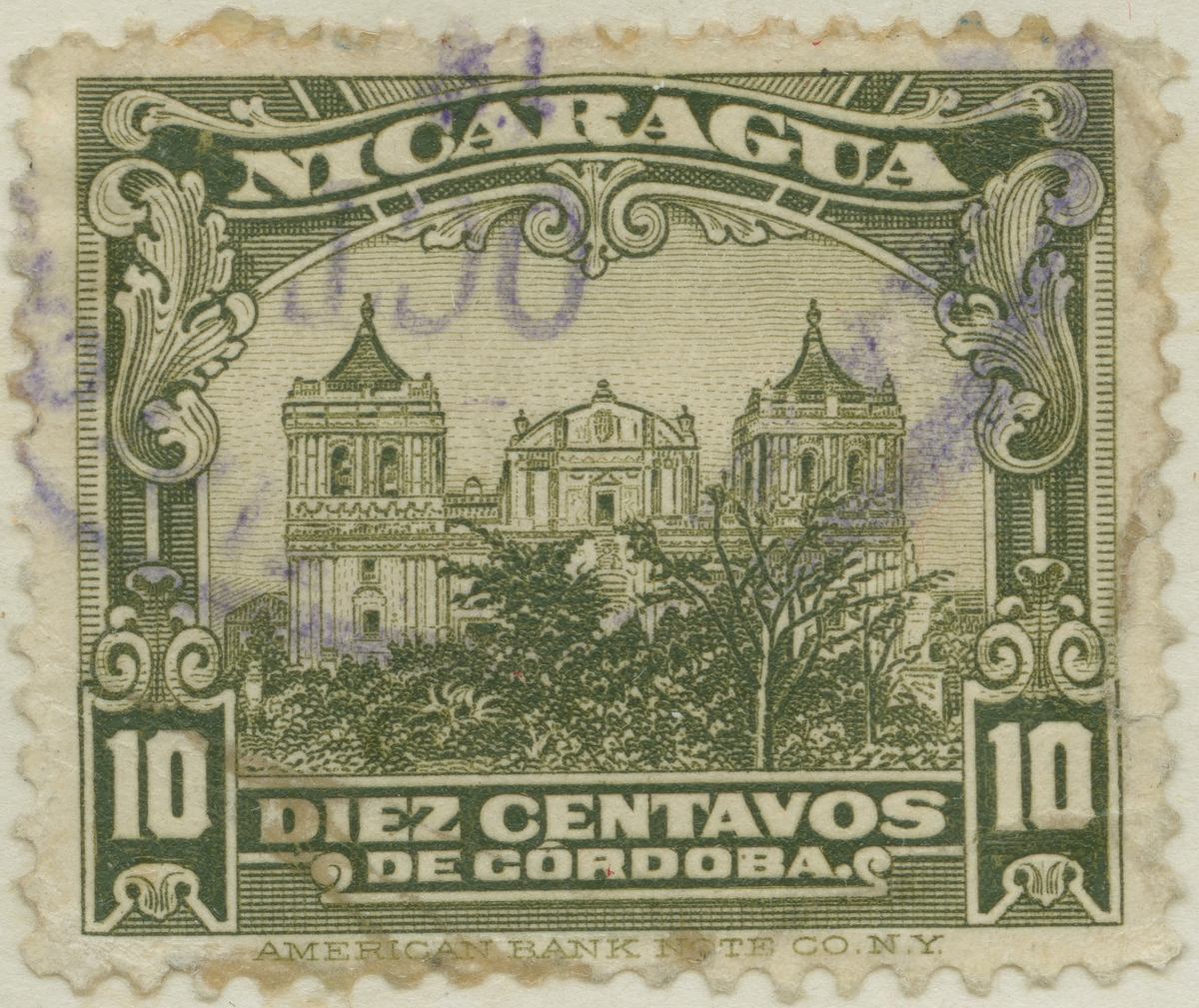 Frimärke ur Gösta Bodmans filatelistiska motivsamling, påbörjad 1950.
Frimärke från Nicaragua, 1914. Motiv av katedral i Léon.