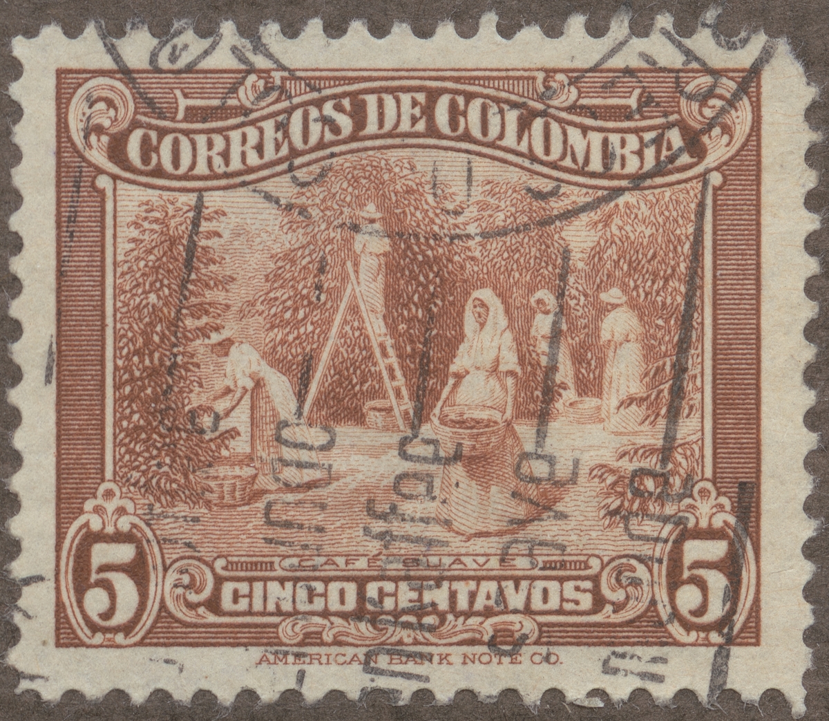 Frimärke ur Gösta Bodmans filatelistiska motivsamling, påbörjad 1950.
Frimärke från Colombia, 1934. Motiv av kaffeskördande.