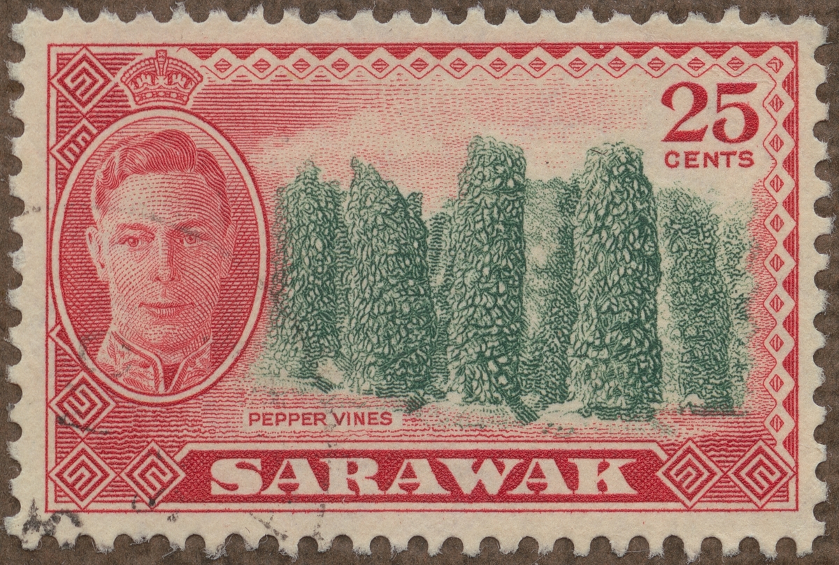 Frimärke ur Gösta Bodmans filatelistiska motivsamling, påbörjad 1950.
Frimärke från Sarawak, 1950. Motiv av pepparodling och Kung George VI.