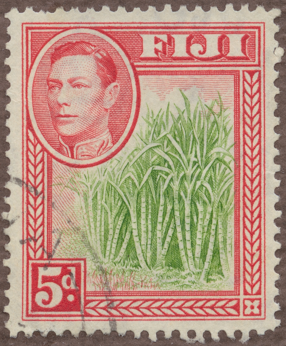 Frimärke ur Gösta Bodmans filatelistiska motivsamling, påbörjad 1950.
Frimärke från Fiji, 1940. Motiv av sockerrörsodling. Kung George VI.