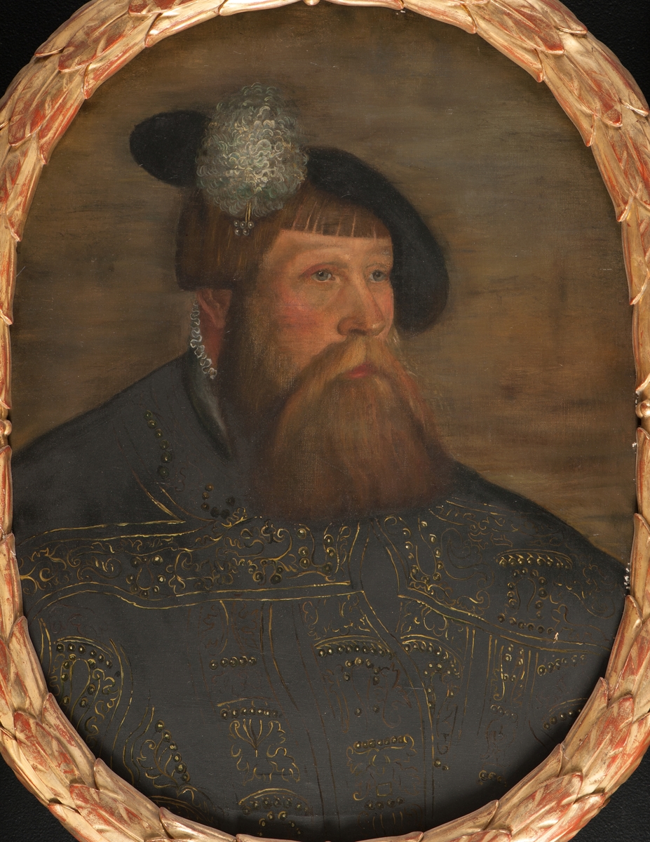 Oljemålning, porträtt av Gustav Vasa. 
Förgylld ram.