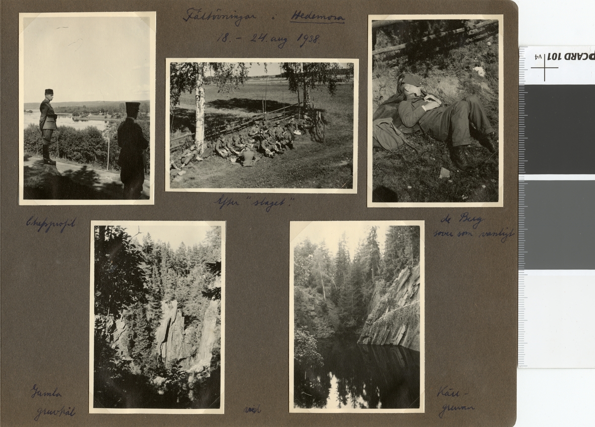 Text i fotoalbum: "Fältövningar i Hedemora 18.-24.8.1938. Gamla gruvhål vid Kärrgruvan."