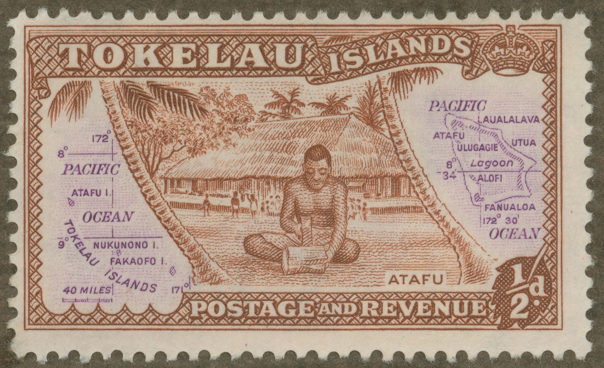 Frimärke ur Gösta Bodmans filatelistiska motivsamling, påbörjad 1950.
Frimärke från Tokelauöarna, 1948. Motiv av karta över Tokelau Atollöarna: Atafu, Fakaofo och Nukunono.