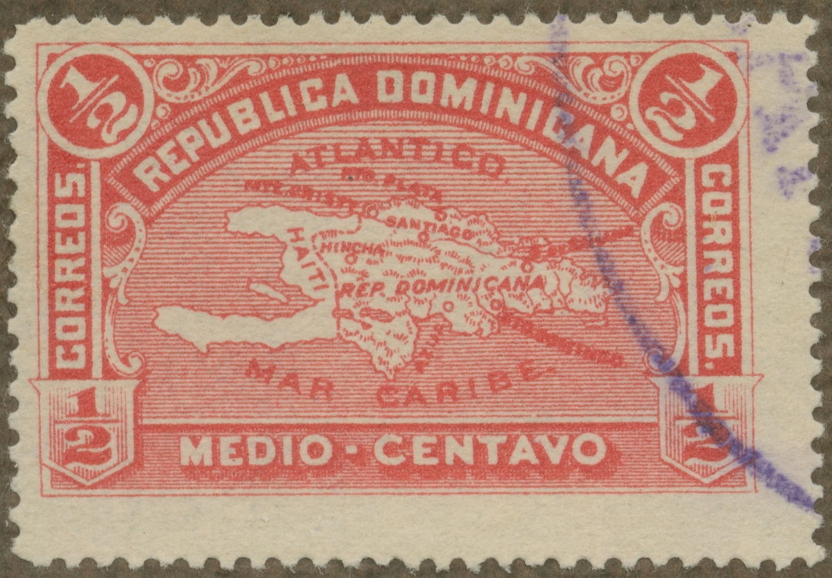 Frimärke ur Gösta Bodmans filatelistiska motivsamling, påbörjad 1950.
Frimärke från Dominica, Västindien, 1900. Motiv av karta över Dominica.