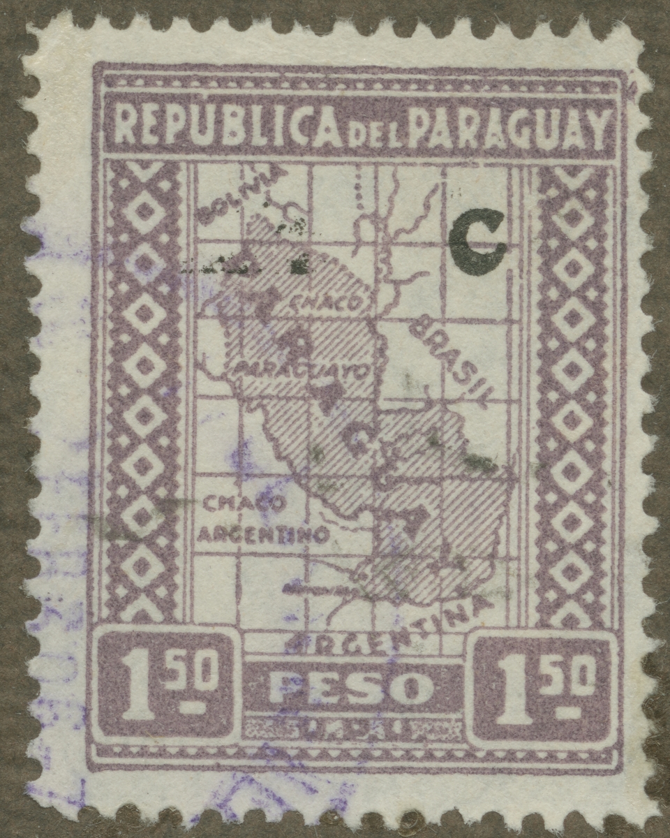 Frimärke ur Gösta Bodmans filatelistiska motivsamling, påbörjad 1950.
Frimärke från Paraguay, 1927. Motiv av karta över Paraguay.