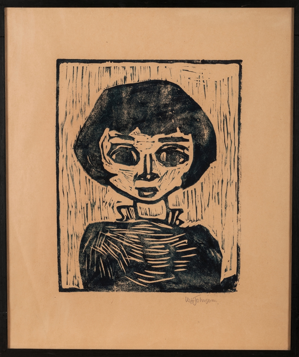 Grafik, "Kvinnohuvud" av W. H. Johnson, amerikansk konstnär.
Signerad med blyerts nedtill till höger utanför bildfältet.
Pappret gulnat, slät svart listram, glasad.