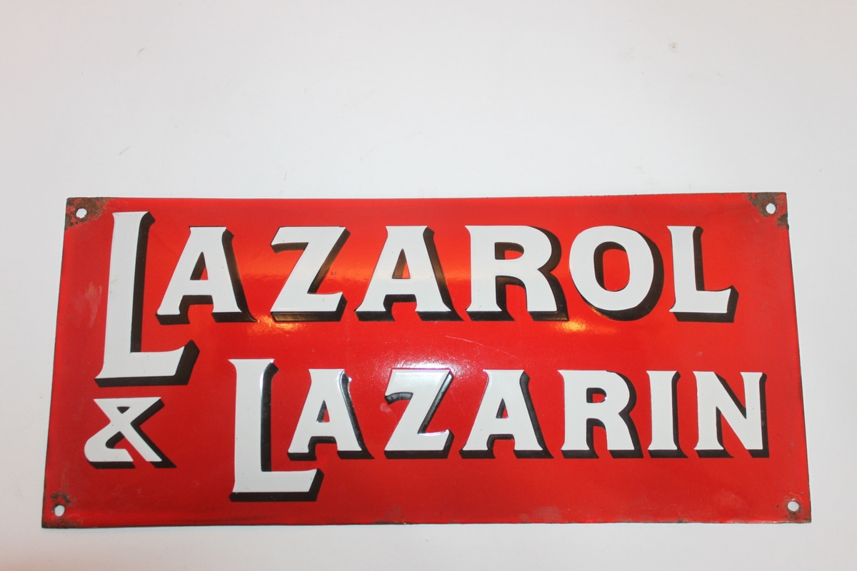 Emalljerad röd reklamskylt för Lazarol och Lazarin.