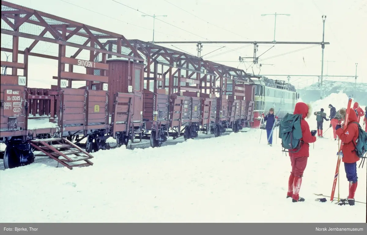 Skivogner og reisende i persontog 78 Bjørnfjell-Narvik på Bjørnfjell stasjon, trukket av El 15 2195