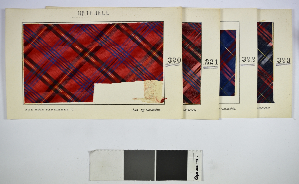 Prøvekort bestående av tekstilprøve limt til et papirkort.