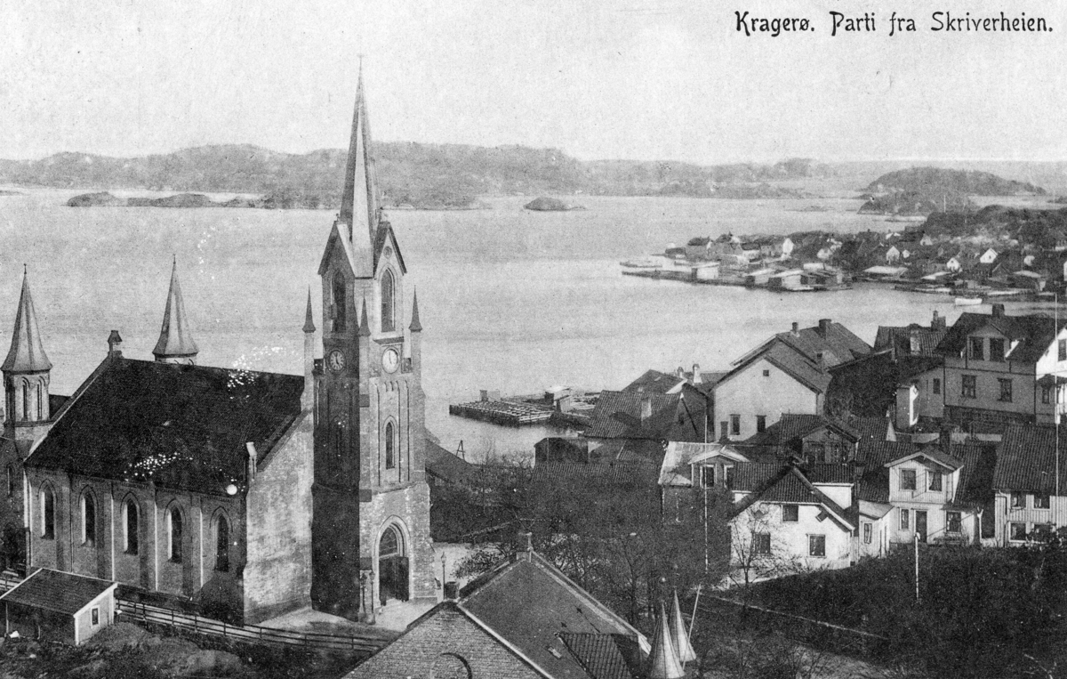 Kragerø Kirke, Kragerø. Postkort. Ca.1900 -1915
Øya i bakgrunn.