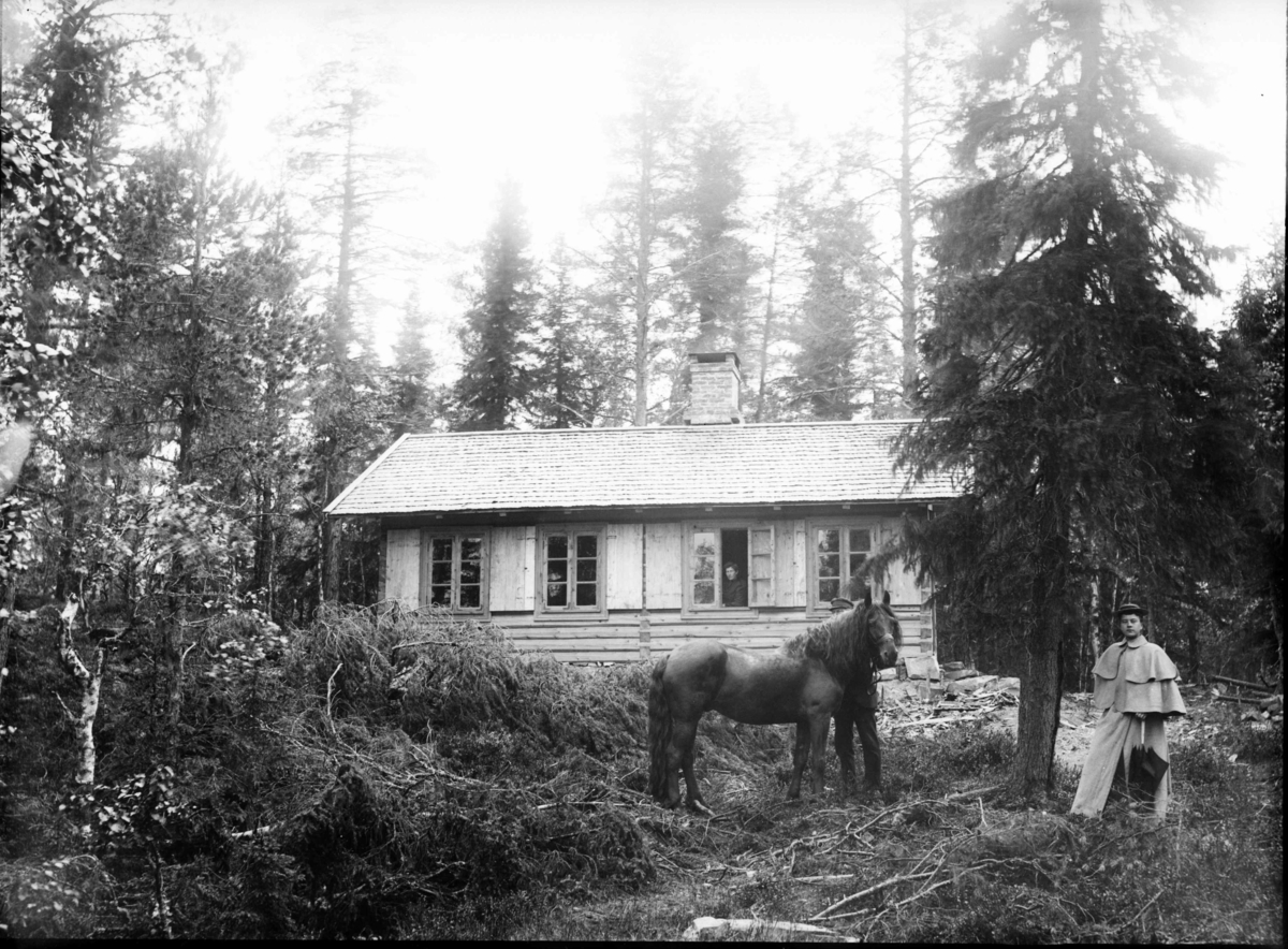 Hytte/hus i skogen. I forkant en dame og mann med hest.