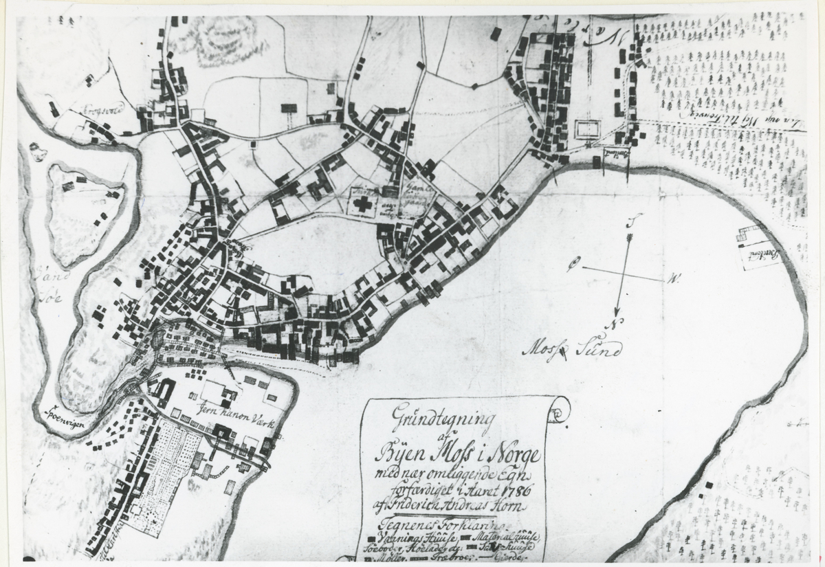 Fotokopi av to forskjellige bykart. Samme kart, to utgaver. 
Bykart anno 1786.
Det var 1200 registrerte innbyggere i Moss dette året.
