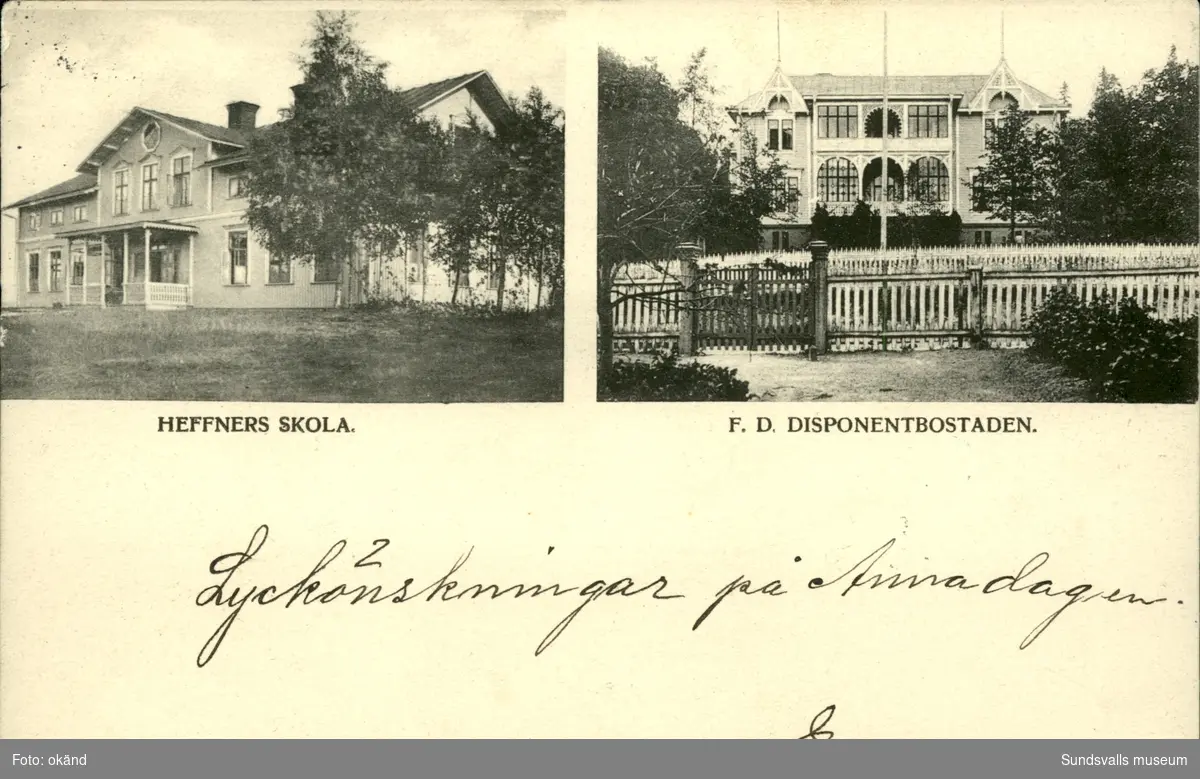 Vykort med motiv över skolan och den f.d disponentbostaden vid Heffners i Sundsvall.
