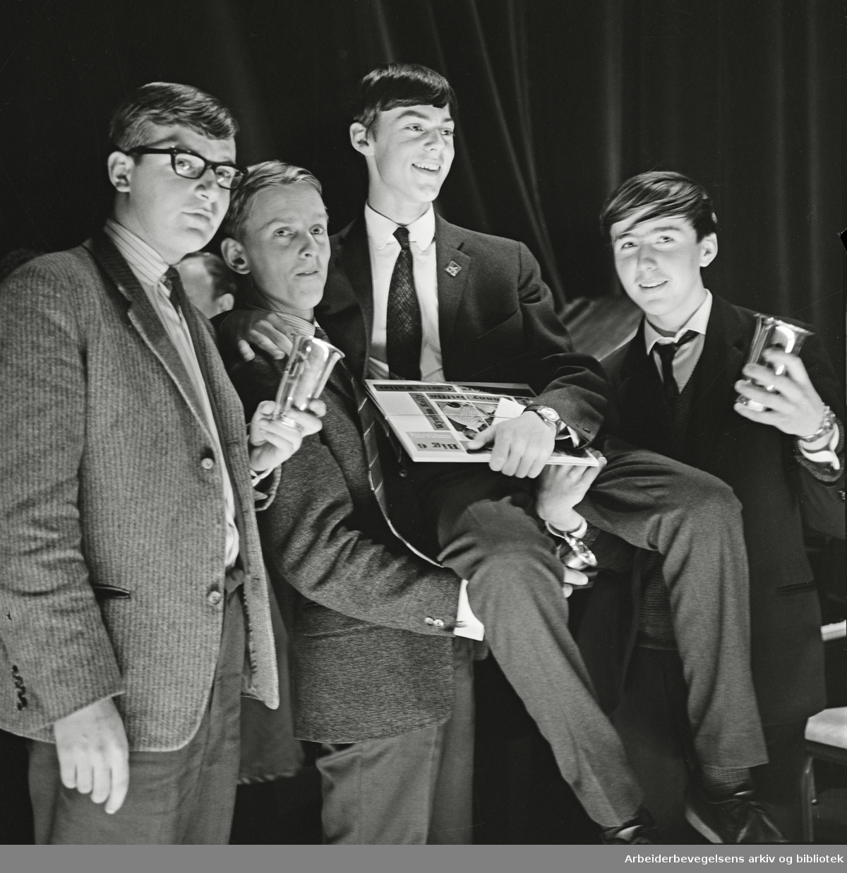 Vinnerne av NM i jazz for amatører 1962; Jan Garbareks kvartett. Fra venstre: Hans Marius Stormoen, Torgrim Sollid, Jan Garbarek og Morten Lassem. Klingenberg kino. 25. november 1962.