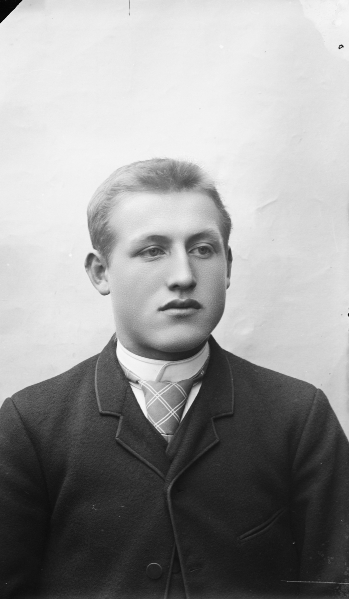 Portrett av yngre mann med kort hår kledd i kvit sjorte, slips og mørk jakke. Etter MPLs regnskapsbok er dette Martin Lund
