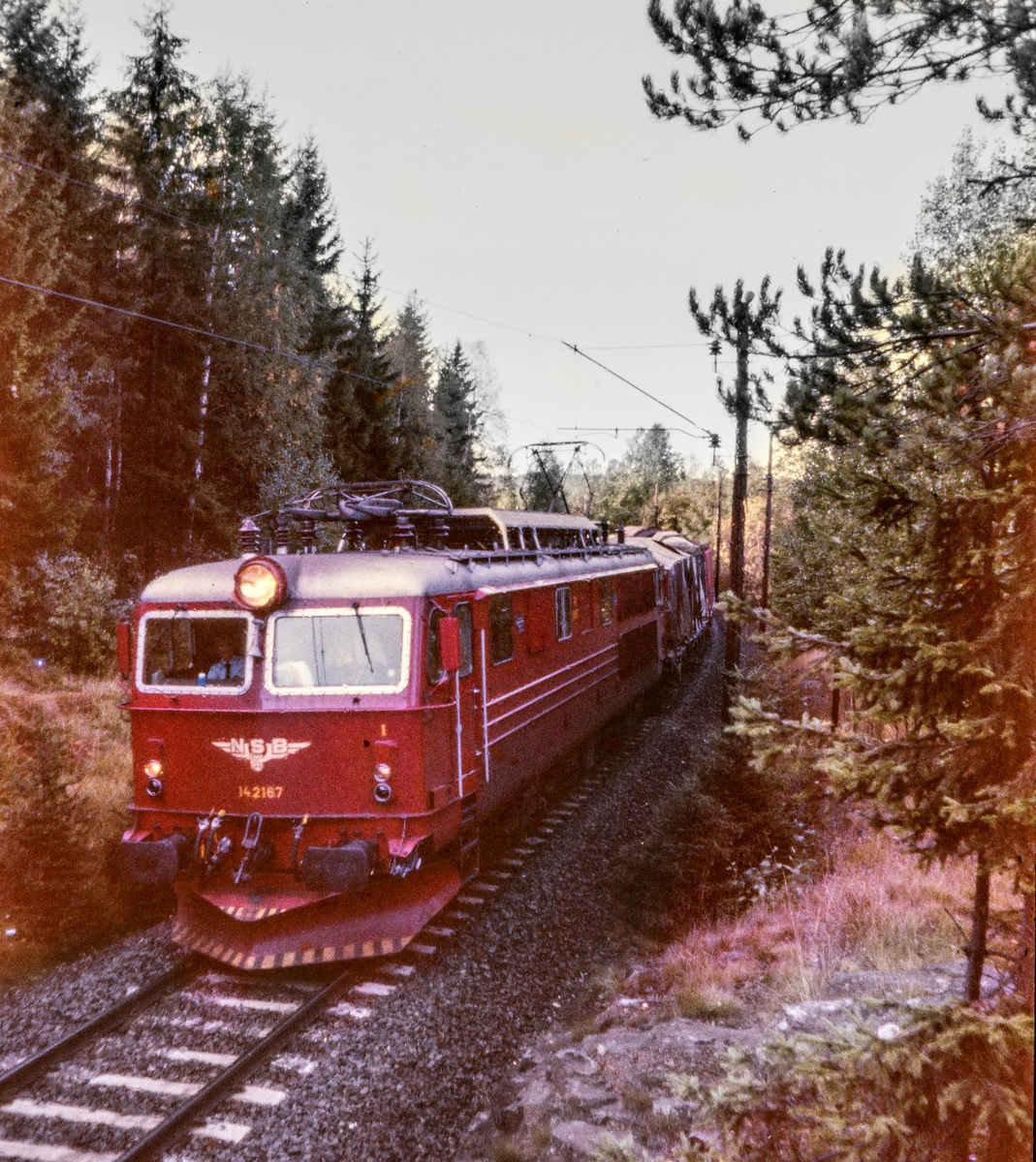 Elektrisk lokomotiv El 14  2167 med godstog mellom Kjelsås og Sandermosen