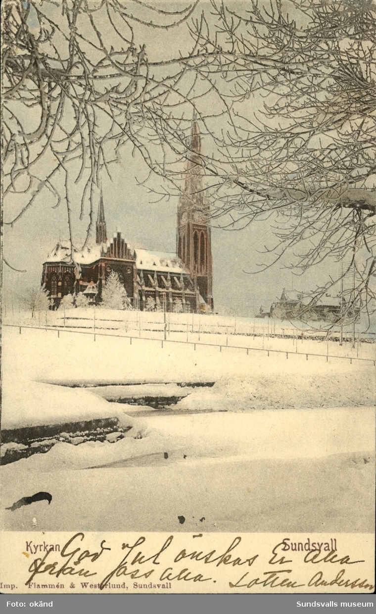 Vykort med vintermotiv över Gustav Adolfs kyrka.