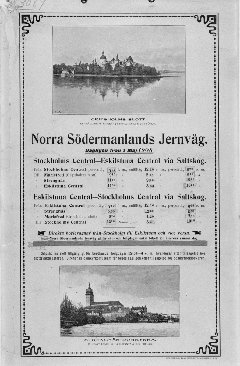 Tågtidtabell från Norra Södermanlands Jernväg, NrSIJ där tåget gick dagligen från 1 maj 1908.