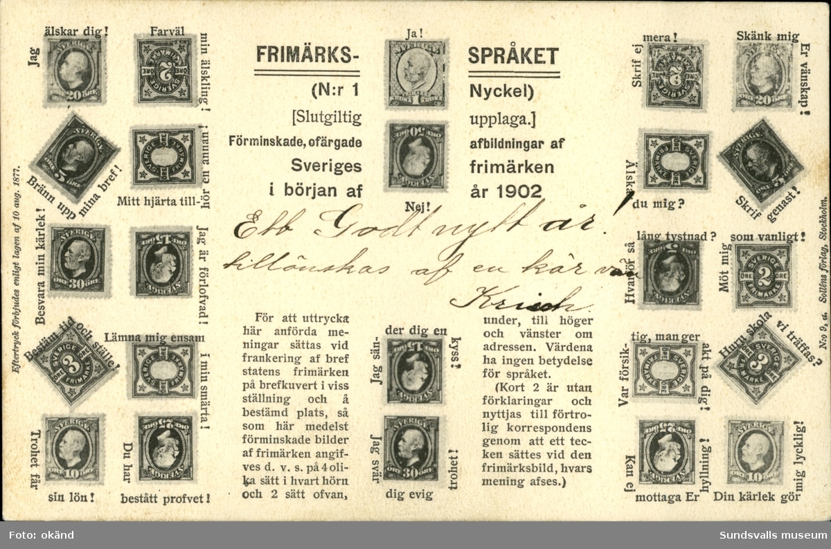 Vykort med motiv över olika fastklistrade frimärken att använda som facit för att tyda frimärksspråket på exempelvis vykort.