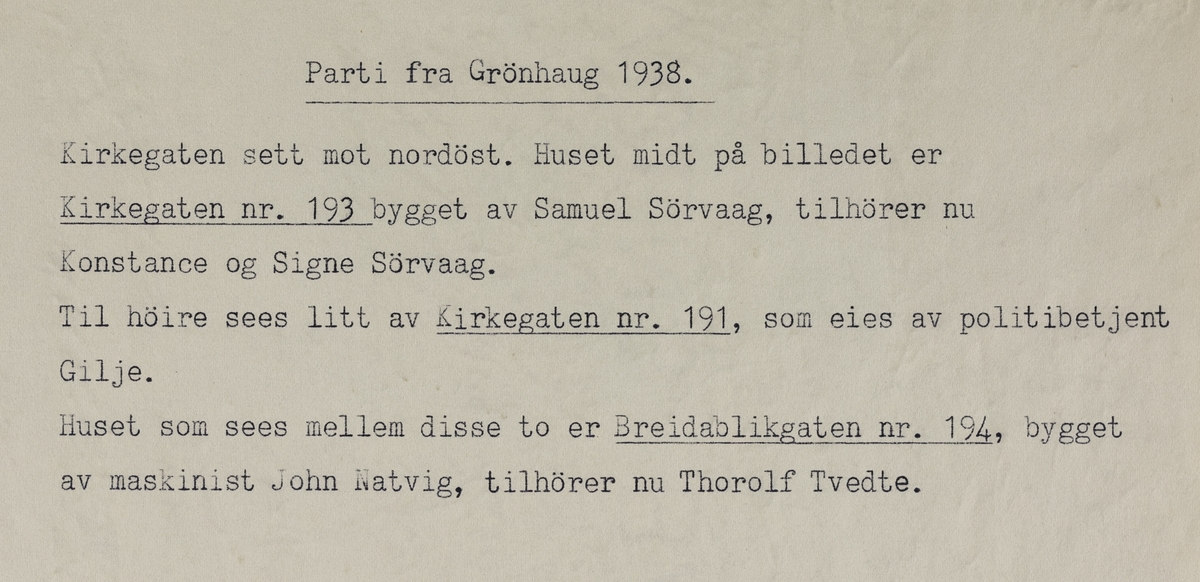 Parti fra Grønhaug - Kirkegata sett mot nordøst, 1938.