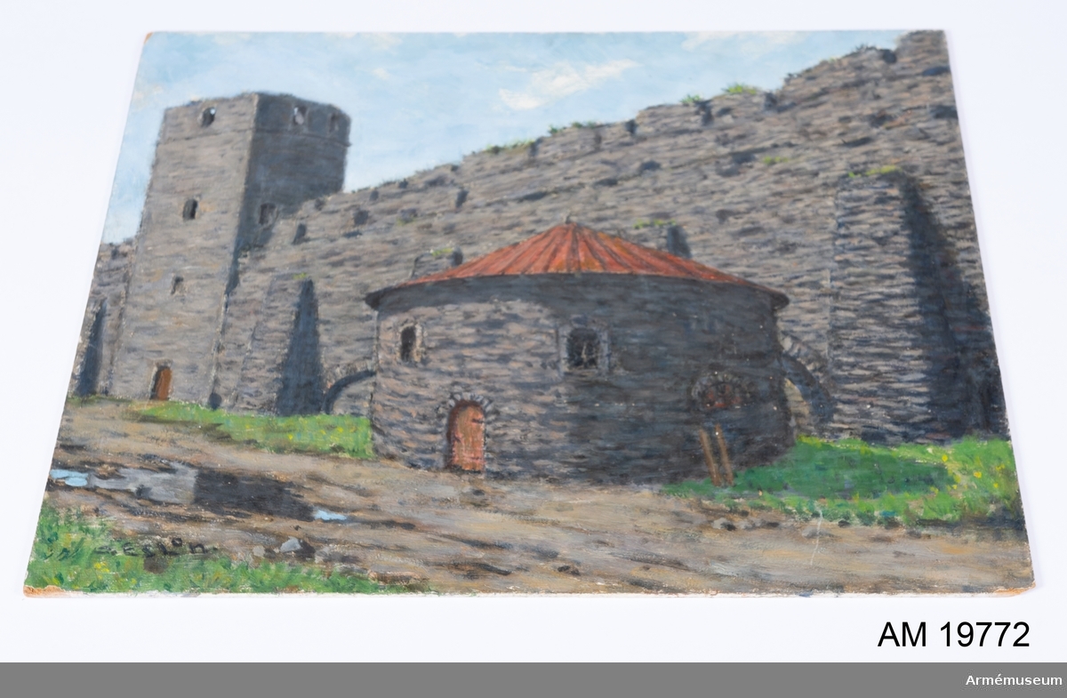 Oramad oljemålning föreställande fästningsmur med kruthus, av O. Eslon.