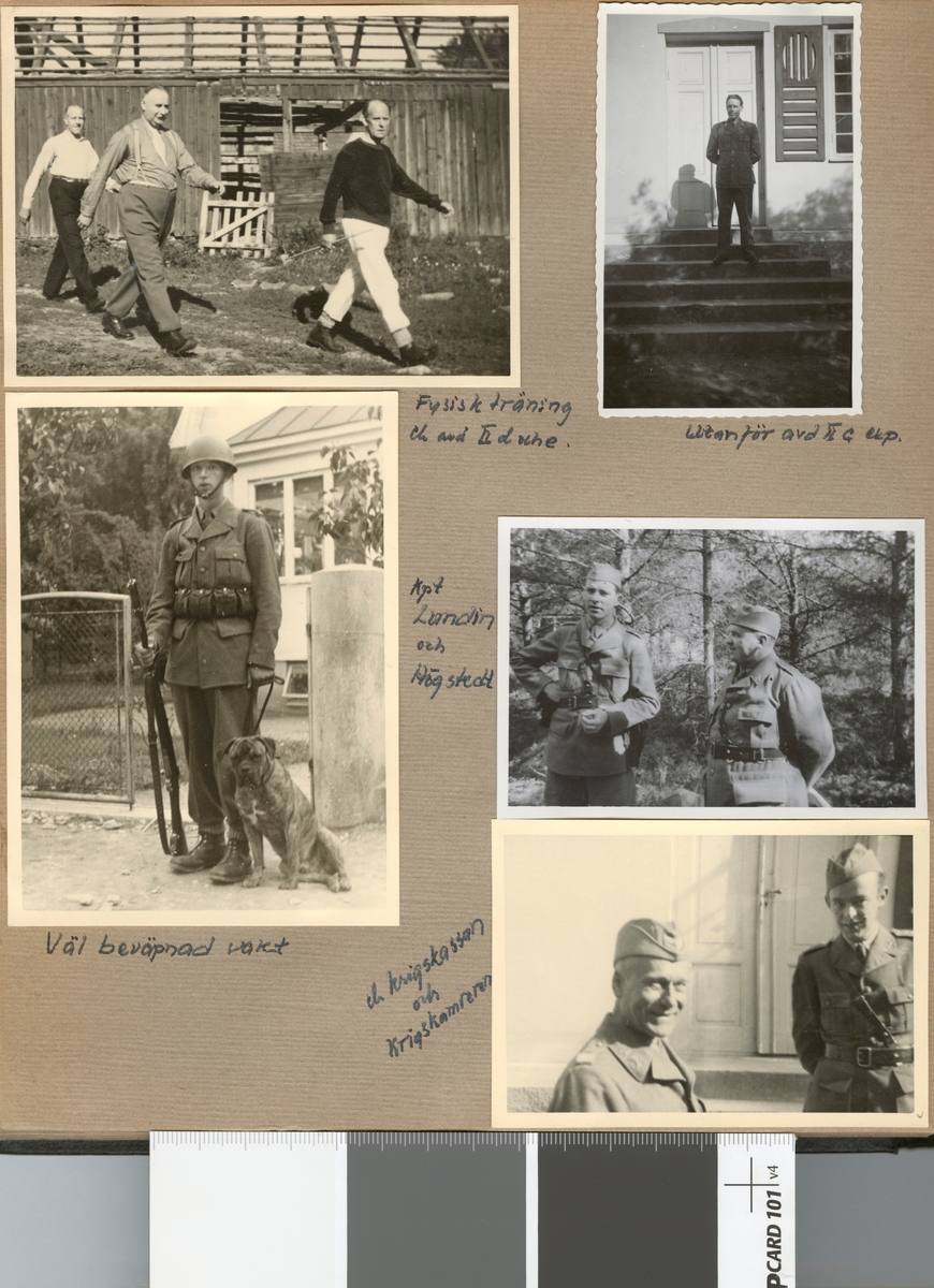 Text i fotoalbum: "Beredskapstjänst april-okt 1940 vid Fältpost. Fysisk träning".