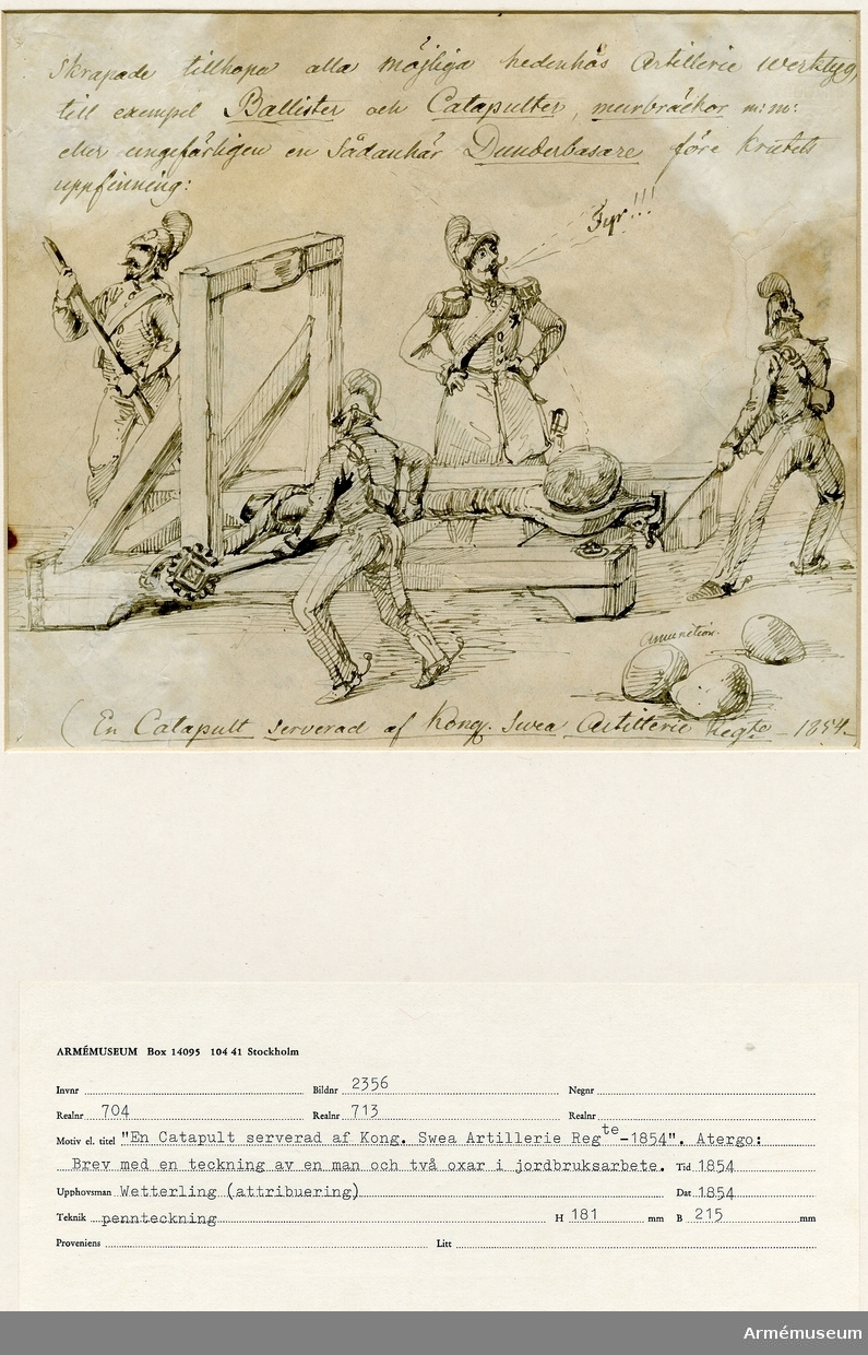 Grupp M I.

Teckning av Alexander Wetterling föreställande "En Catapult serverad af Kongl. Svea Artilleri Reg:te 1854, omfamning, sepia".