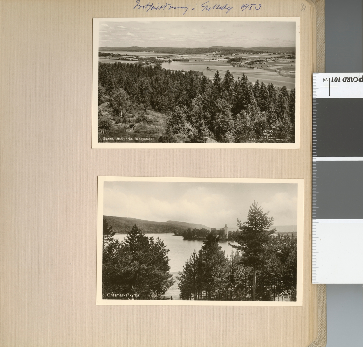 Text i fotoalbum: "Intfältövning i Gylleby 1953. Sunne. Utsikt från Brobystugan".