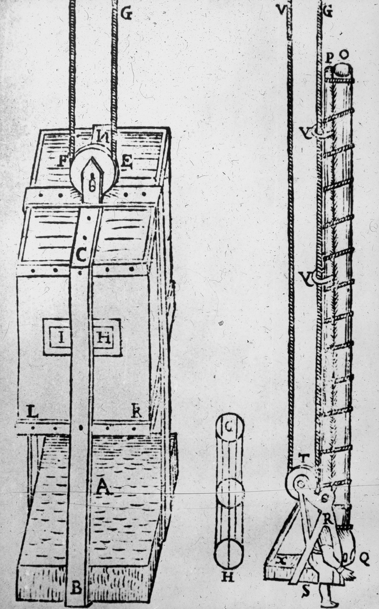 Avfotografert trykk som viser teknisk tegning av løfteinnretning under vann, ant. 1700-1800-tallet.