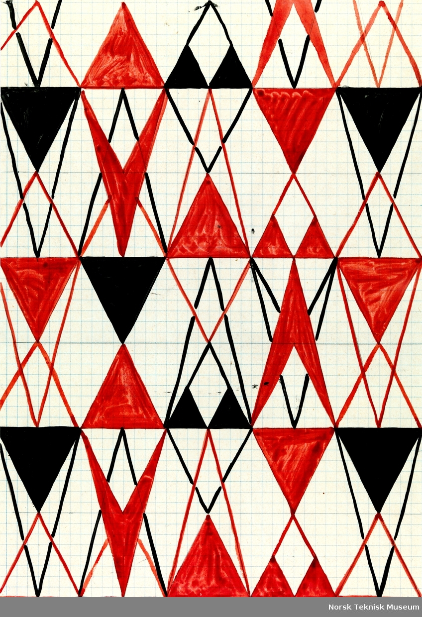 Malt skisse til trykt dekorasjons-/ gardinstoff, designet av Sissi Bjønness, produsert av Hjula Væveri, 1952.