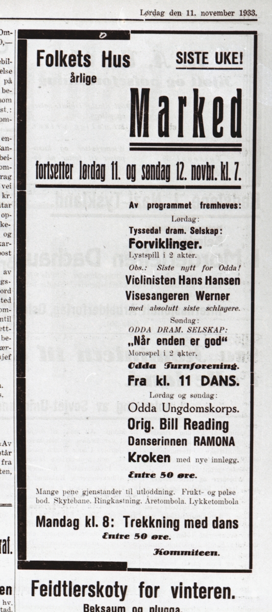 Annonse frå avis lørdag den 11. november 1933 om Marked i Folkets Hus.