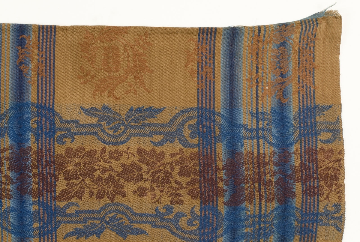 Schal, jaquardvävd av ullgarn i bruna och blåa nyanser. Ränder på längden och smala ränder på tvären samt blom- och ornamentmönster.