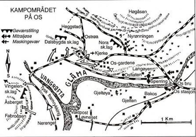 Kart over kampområdet ved Os. Fra Grandum: Fra felttog til frigjøring i Nord-Østerdalen. (Foto/Photo)